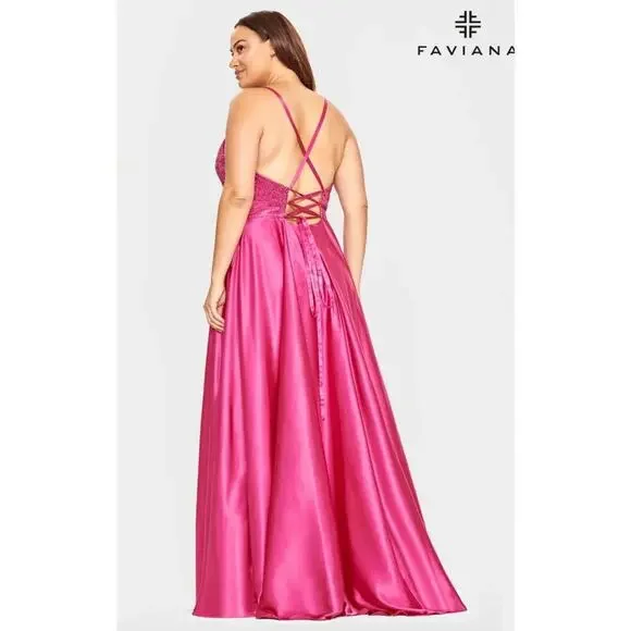 NEW NWT Faviana FA9524 Rasperry Pink Bejeweled Maxi Gown Size 12